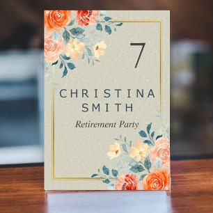 Rustic Antique Floral Watercolor Retirement Party Table Number