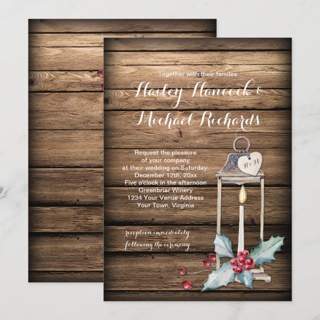 Rustic Antique Lantern Holly Christmas Wedding Invitation (Front/Back)