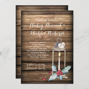 Rustic Antique Lantern Holly Christmas Wedding Invitation