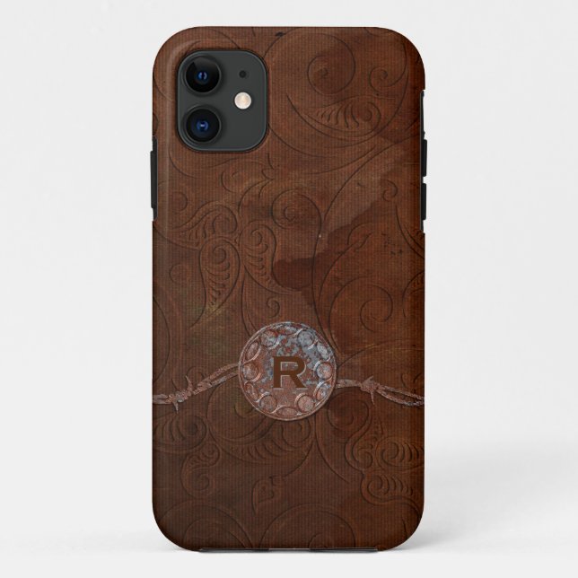 Rustic Antique Look Embossed Leather Monogram Case-Mate iPhone Case (Back)