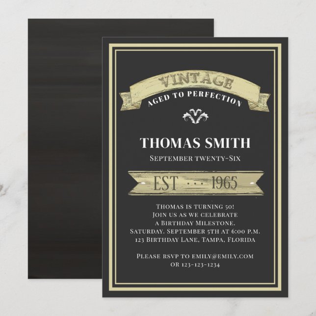Rustic Antiqued Vintage Birthday Sign Invitation (Front/Back)