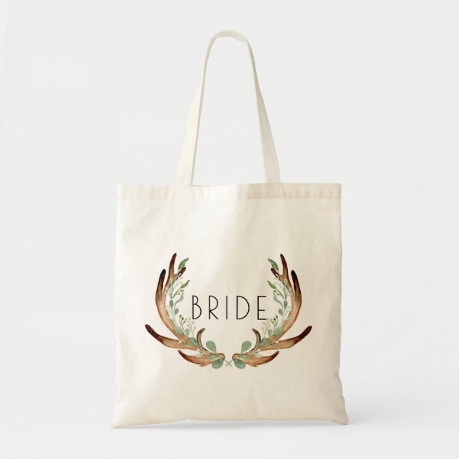 Rustic Antler and Greenery Watercolor | Bride Tote Bag (Front)