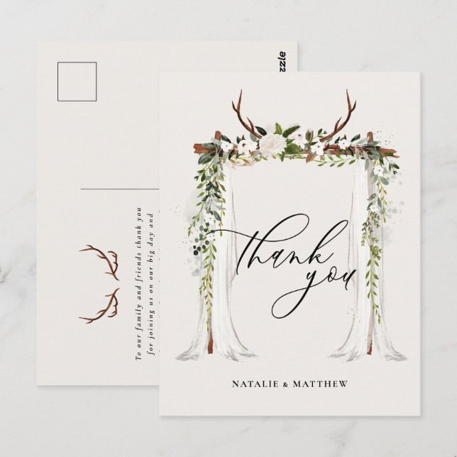 Rustic antler and watercolor floral canopy wedding postcard (Front/Back)