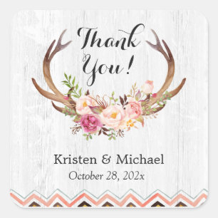 Rustic Antler Boho Floral White Wood Thank You Square Sticker