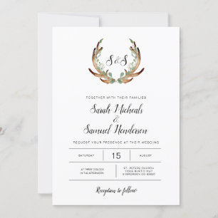 Rustic Antler & Dark Greenery Watercolor Wedding Invitation