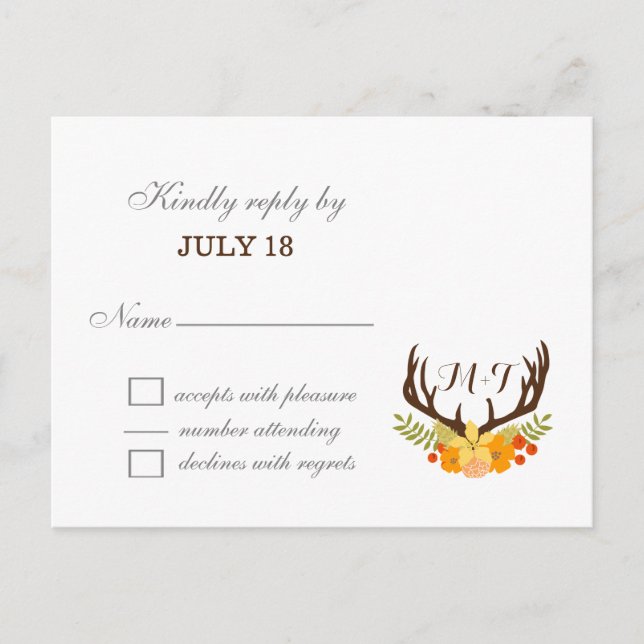 Rustic Antler Deer Floral Woodland Wedding Invitation Postcard (Front)
