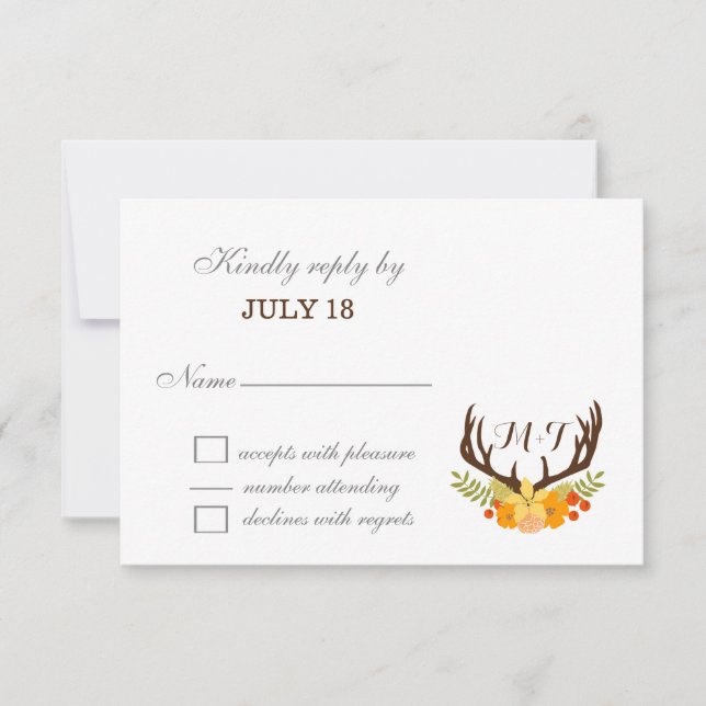 Rustic Antler Deer Floral Woodland Wedding RSVP Card (Front)