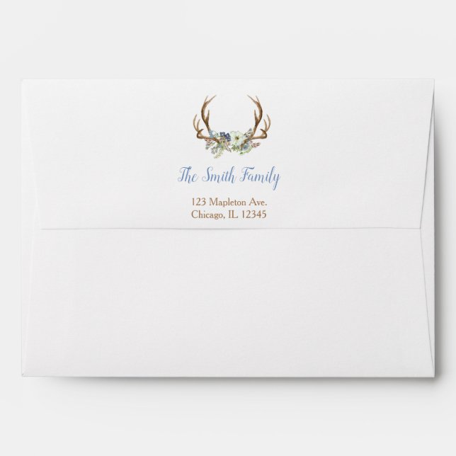 Rustic antler floral blue boho envelopes 5x7 card (Back (Top Flap))