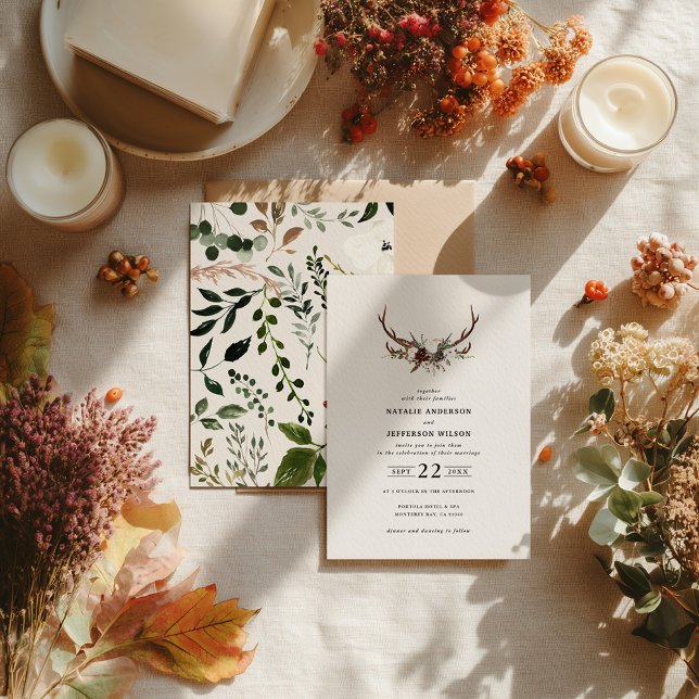 Rustic Antler Floral Wedding Boho Woodland Barn Invitation (Creator Uploaded)
