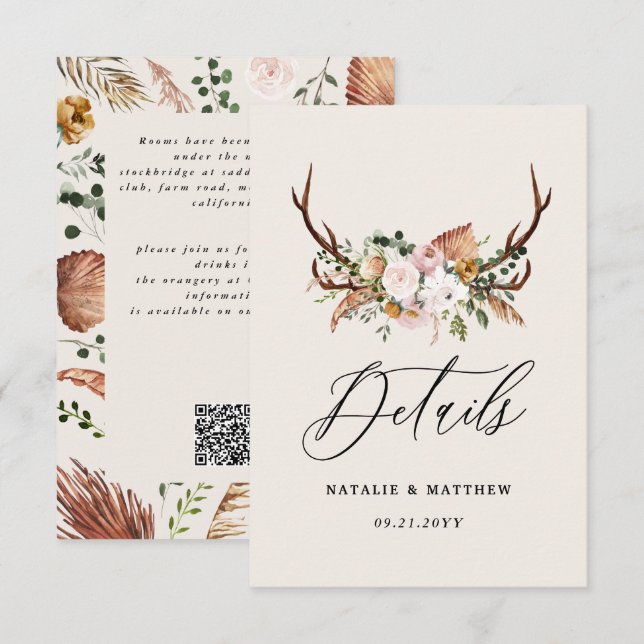 Rustic Antler Floral Wedding woodland Boho Details Enclosure Card (Front/Back)