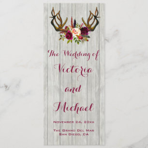 Rustic Antler floral wood wedding Program Programme