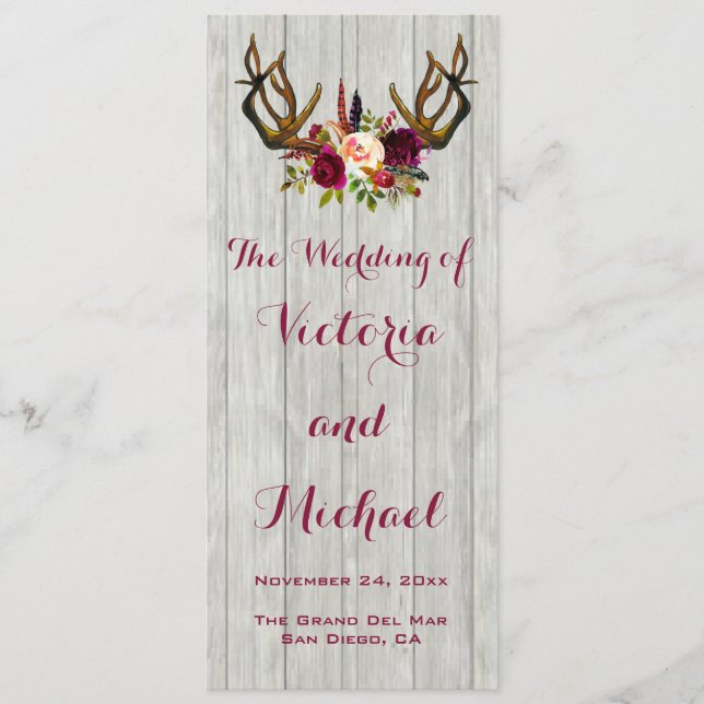Rustic Antler floral wood wedding Program Programme (Front)