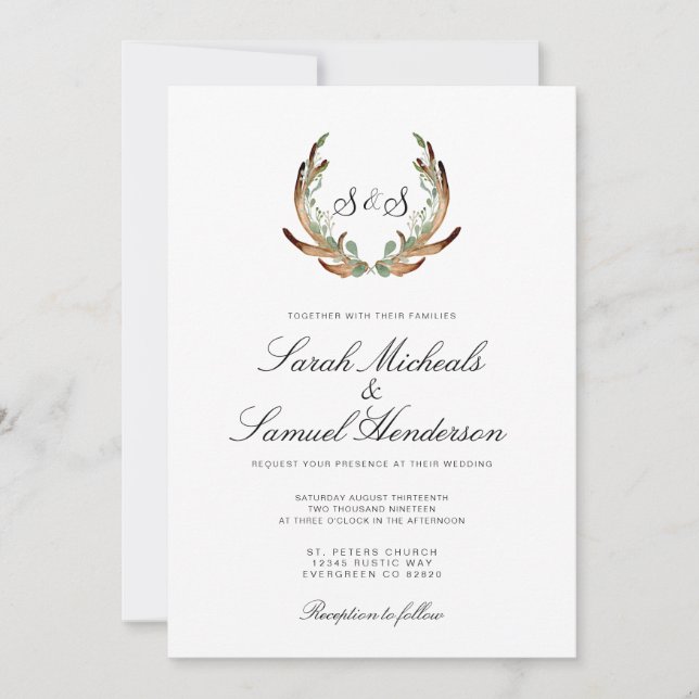 Rustic Antler | Formal | Dark Greenery Wedding Invitation (Front)