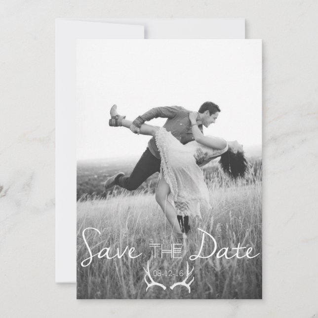 Rustic Antler Graphic | White Save the Date Invitation (Front)