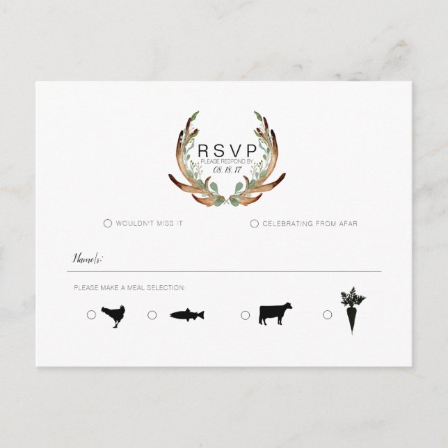 Rustic Antler & Greenery Watercolor | RSVP Announcement Postcard (Front)