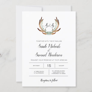 Rustic Antler & Greenery Watercolor Wedding Invitation