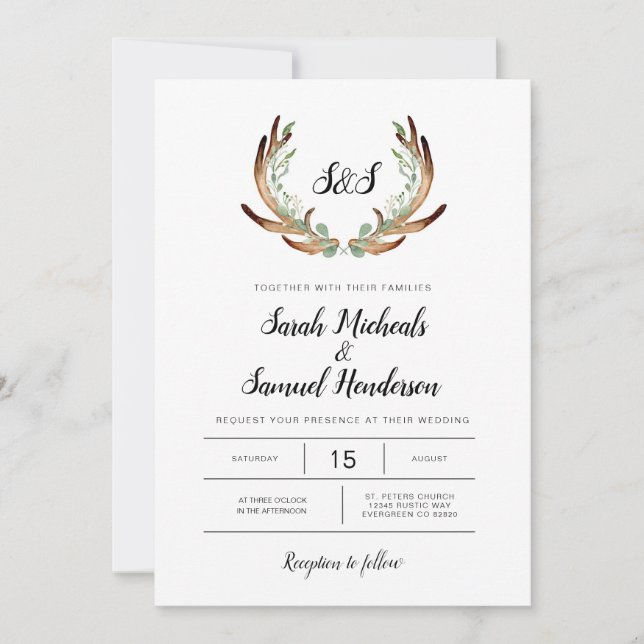 Rustic Antler & Greenery Watercolor Wedding Invitation (Front)