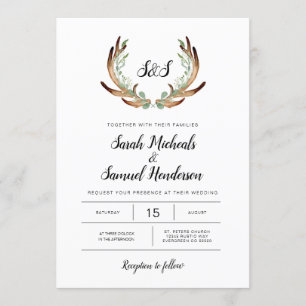 Rustic Antler & Greenery Watercolor Wedding Invitation