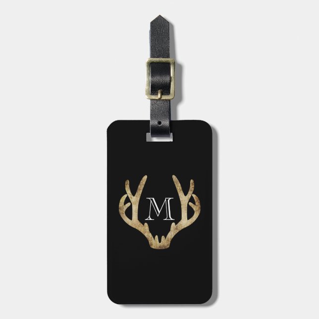 Rustic Antler Luggage Tag w/ leather strap (Front Vertical)