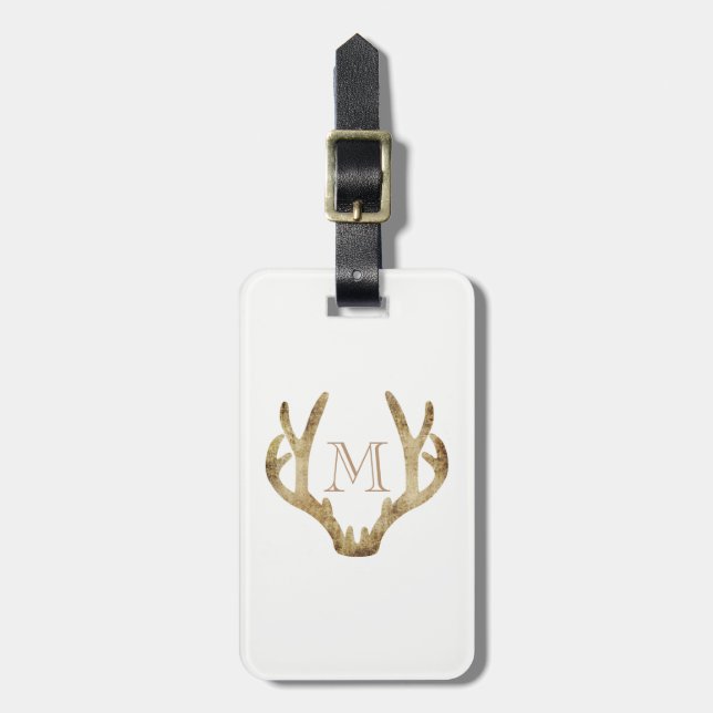 Rustic Antler Luggage Tag w/ leather strap (Front Vertical)