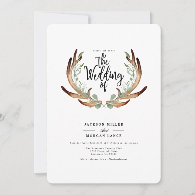 Rustic Antler& Vine | Watercolor Wedding Invite (Front)