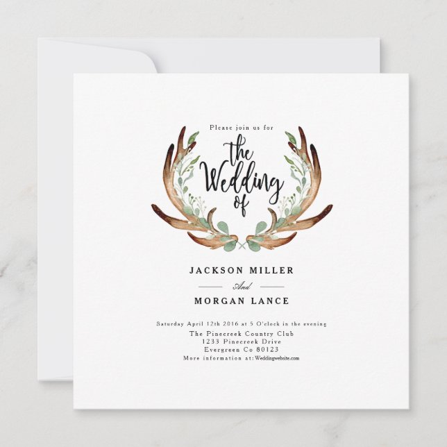 Rustic Antler & Vine | Watercolor Wedding Invite (Front)