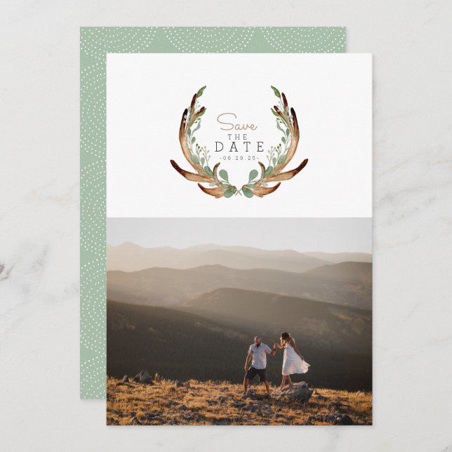 Rustic Antler Watercolor Save the Date Photo Invitation (Front/Back)