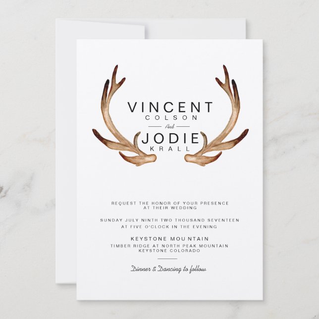 Rustic Antler Watercolor Wedding Invite (Front)