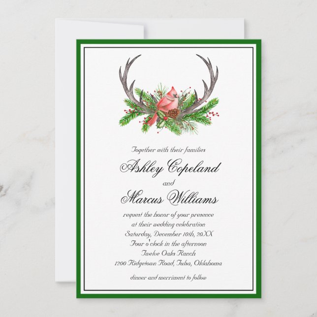 Rustic Antlers and Cardinal Wedding Invitation (Front)