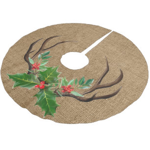 Rustic Antlers and Holly Brushed Polyester Tree Skirt