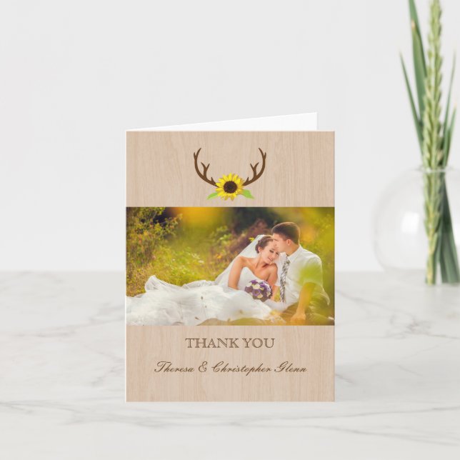 Rustic Antlers and Sunflowers Wedding Thank You (Front)