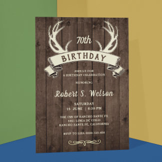 Rustic Antlers Banner Barnwood Male’s Birthday Invitation