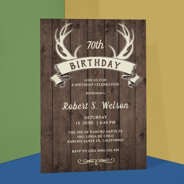 Rustic Antlers Banner Barnwood Male’s Birthday Invitation (Creator Uploaded)