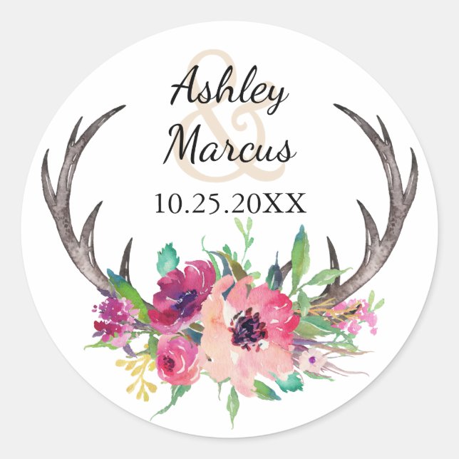 Rustic Antlers Boho Floral Allure Wedding Classic Round Sticker (Front)