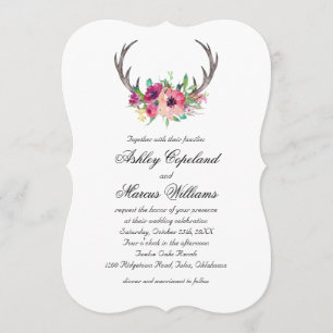 Rustic Antlers Boho Floral Allure Wedding Invitation