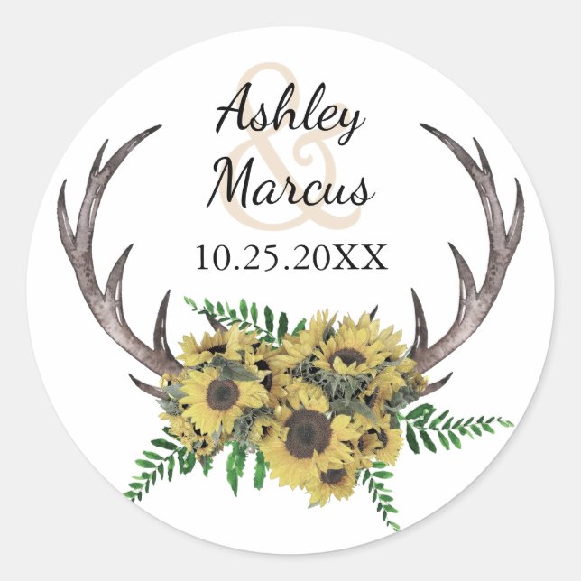 Rustic Antlers Boho Sunflowers Floral Wedding Classic Round Sticker (Front)
