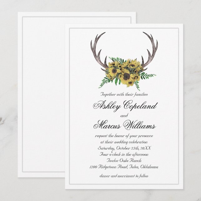 Rustic Antlers Boho Sunflowers Floral Wedding Invitation (Front/Back)