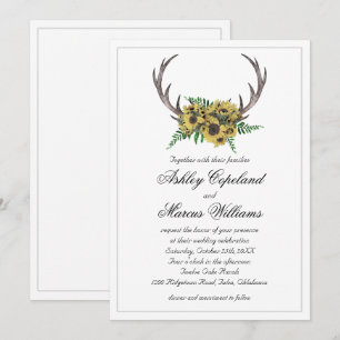Rustic Antlers Boho Sunflowers Floral Wedding Invitation
