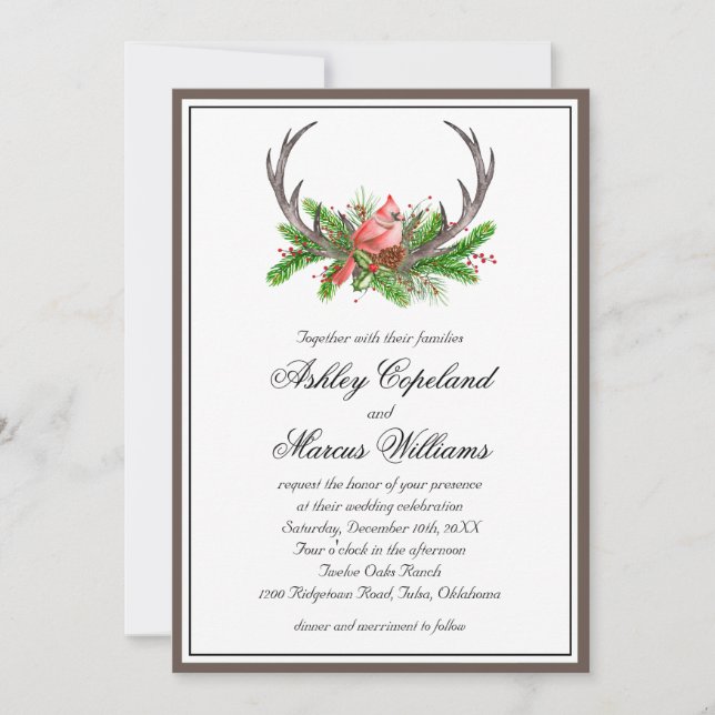 Rustic Antlers Boho Woodland Winter Wedding Invitation (Front)