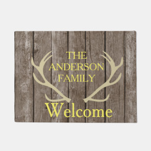 Rustic Antlers Brown Wood Personalised Door Mat