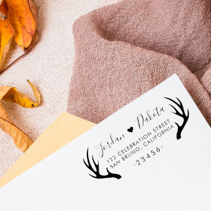 Rustic Antlers & Cute Heart Wedding Return Address Rubber Stamp