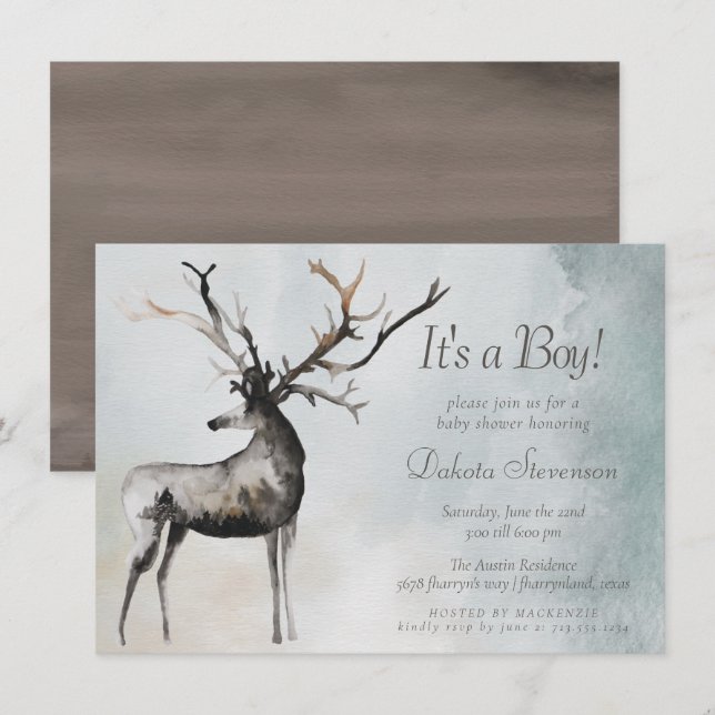 Rustic Antlers | Ethereal Woodland Baby Boy Shower Invitation (Front/Back)