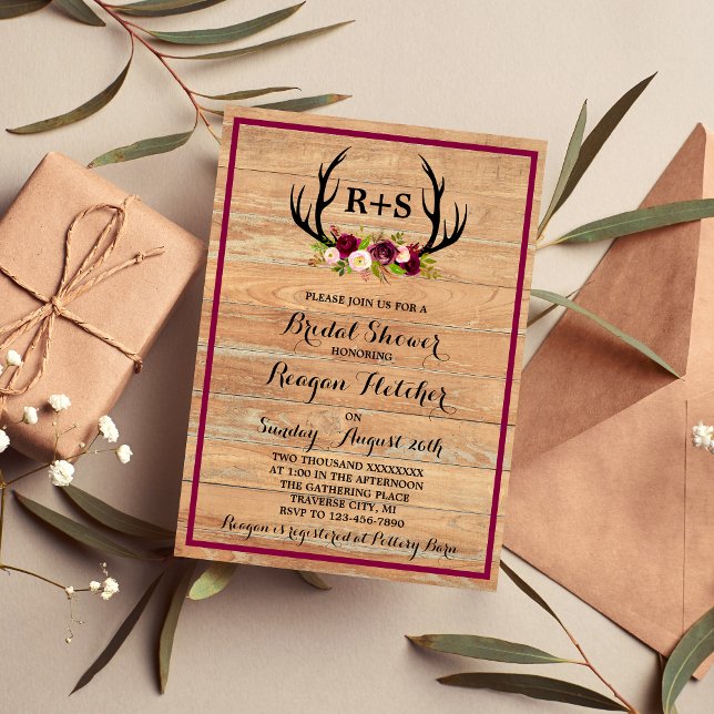 Rustic Antlers Floral Burgundy Wood Bridal Shower Invitation (Creator Uploaded)