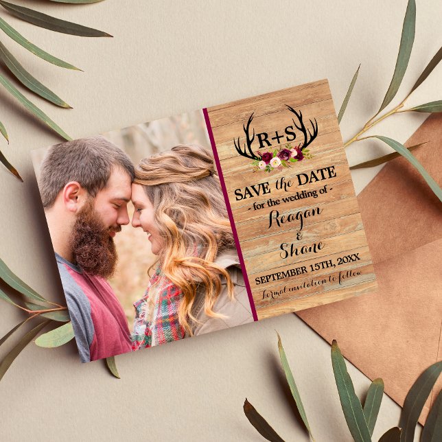 Rustic Antlers Floral Burgundy Wood Save The Date (Creator Uploaded)