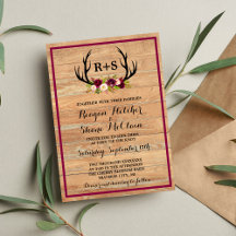 Rustic Antlers Floral Burgundy Wood Wedding