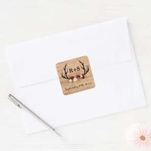 Rustic Antlers Floral Burgundy Wood Wedding Square Sticker