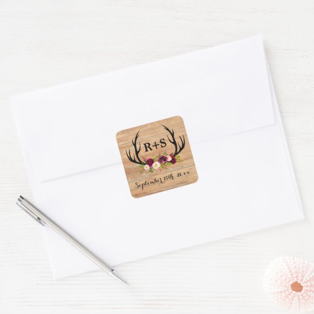 Rustic Antlers Floral Burgundy Wood Wedding Square Sticker (Envelope)