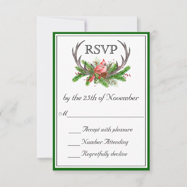 Rustic Antlers Green Edge Wedding RSVP (Front)