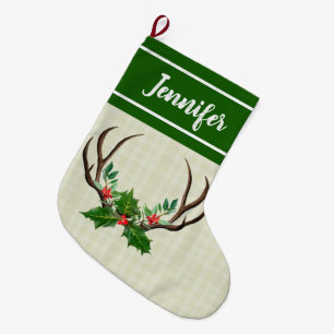 Rustic Antlers Green Holly and Red Berries Large Christmas Stocking