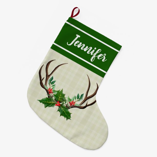 Rustic Antlers Green Holly and Red Berries Large Christmas Stocking (Front (Hanging))